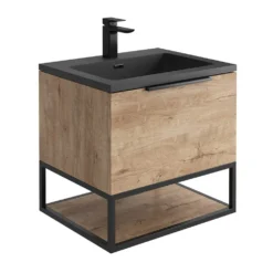Harbour Virtue 600mm Wall Hung Vanity Unit With LED Illumination, Black Framed Shelf & Grey Basin - Matt White & Matt Black Handle -Vado Shop harbour virtue 600mm wall hung rustic oak vanity unit black framed shelf with grey basin cutout