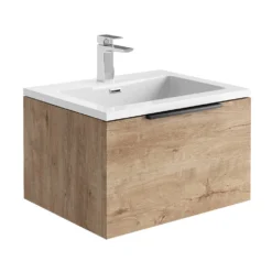Harbour Virtue 600mm Wall Hung Vanity Unit With LED Illumination & White Basin - Rustic Oak & Matt Black Handle -Vado Shop harbour virtue 600mm wall hung rustic oak vanity unit cutout
