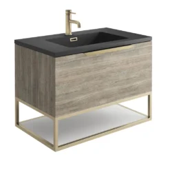 Harbour Virtue 800mm Wall Hung Vanity Unit With LED Illumination, Brushed Brass Frame Shelf & White Basin - Matt Grey & Brushed Brass Handle -Vado Shop harbour virtue 800 grey oak unit grey basin brushed brass frame cutout