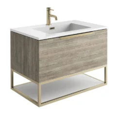 Harbour Virtue 800mm Wall Hung Vanity Unit With LED Illumination, Brushed Brass Frame Shelf & White Basin - Matt Grey & Brushed Brass Handle -Vado Shop harbour virtue 800 grey oak unit white basin brushed brass frame cutout