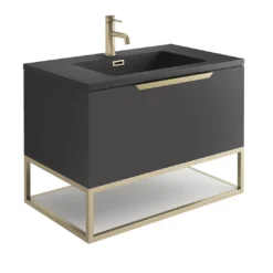 Harbour Virtue 800mm Wall Hung Vanity Unit With LED Illumination, Brushed Brass Frame Shelf & White Basin - Matt Grey & Brushed Brass Handle -Vado Shop harbour virtue 800 matt grey unit grey basin brushed brass frame cutout