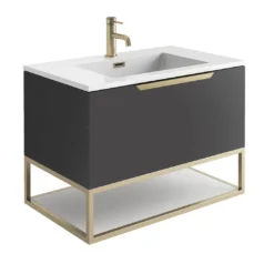 Harbour Virtue 800mm Wall Hung Vanity Unit With LED Illumination, Brushed Brass Frame Shelf & White Basin - Matt Grey & Brushed Brass Handle