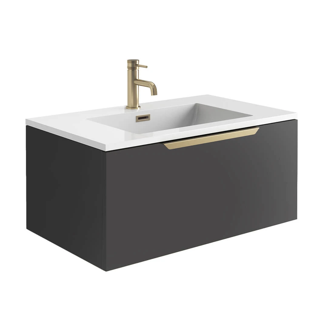 Harbour Virtue 800mm Wall Hung Vanity Unit With LED Illumination & Grey Basin - Rustic Oak & Brushed Brass Handle 8 Harbour Virtue 800mm Wall Hung Vanity Unit With LED Illumination & Grey Basin - Rustic Oak & Brushed Brass Handle - Image 8