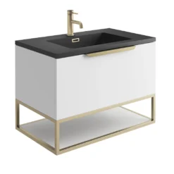 Harbour Virtue 800mm Wall Hung Vanity Unit With LED Illumination, Brushed Brass Frame Shelf & White Basin - Matt Grey & Brushed Brass Handle -Vado Shop harbour virtue 800 matt white unit grey basin brushed brass frame cutout