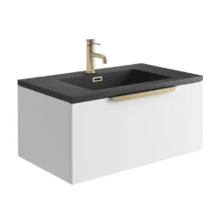 Harbour Virtue 800mm Wall Hung Vanity Unit With LED Illumination & Grey Basin - Rustic Oak & Brushed Brass Handle