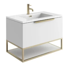 Harbour Virtue 800mm Wall Hung Vanity Unit With LED Illumination, Brushed Brass Frame Shelf & White Basin - Matt Grey & Brushed Brass Handle -Vado Shop harbour virtue 800 matt white unit white basin brushed brass frame cutout