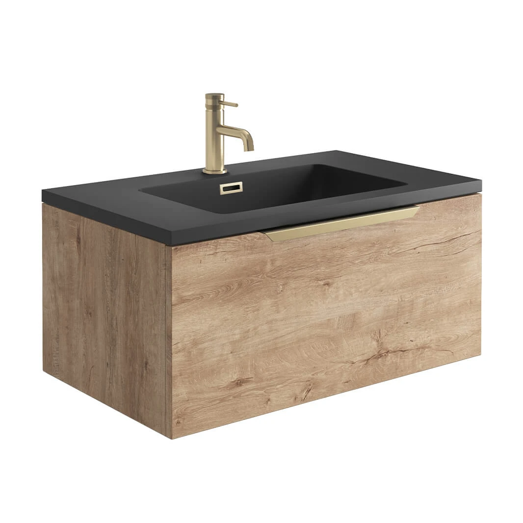 Harbour Virtue 800mm Wall Hung Vanity Unit With LED Illumination & Grey Basin - Rustic Oak & Brushed Brass Handle 3 Harbour Virtue 800mm Wall Hung Vanity Unit With LED Illumination & Grey Basin - Rustic Oak & Brushed Brass Handle - Image 3