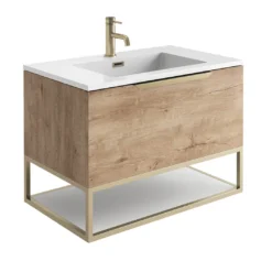 Harbour Virtue 800mm Wall Hung Vanity Unit With LED Illumination, Brushed Brass Frame Shelf & White Basin - Matt Grey & Brushed Brass Handle -Vado Shop harbour virtue 800 rustic oak unit white basin brushed brass frame cutout