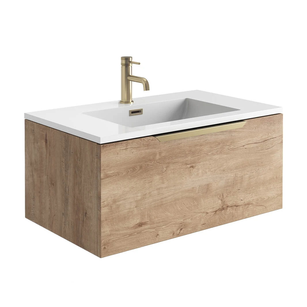 Harbour Virtue 800mm Wall Hung Vanity Unit With LED Illumination & Grey Basin - Rustic Oak & Brushed Brass Handle 4 Harbour Virtue 800mm Wall Hung Vanity Unit With LED Illumination & Grey Basin - Rustic Oak & Brushed Brass Handle - Image 4