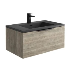 Harbour Virtue 800mm Wall Hung Vanity Unit With LED Illumination & Grey Basin - Rustic Oak & Matt Black Handle -Vado Shop harbour virtue 800mm wall hung grey oak vanity unit cutout