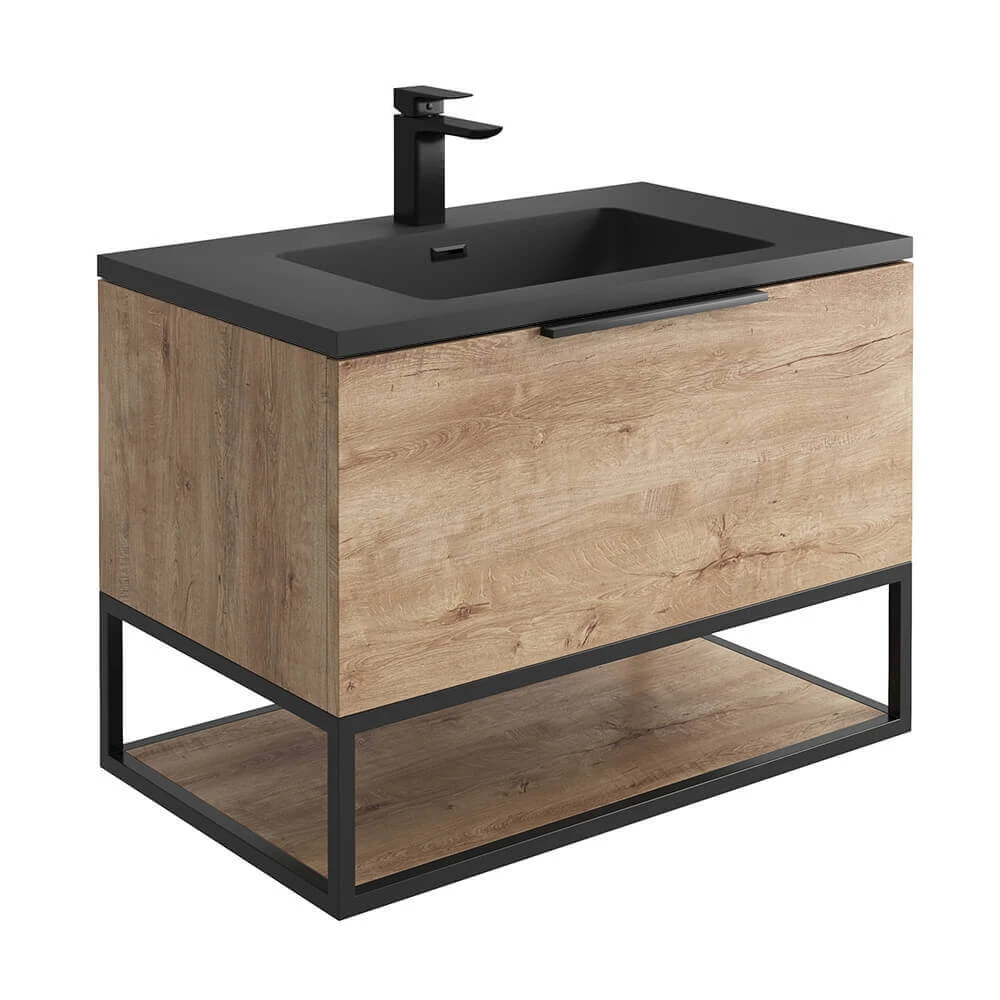Harbour Virtue 800mm Wall Hung Vanity Unit With LED Illumination, Black Framed Shelf & White Basin - Matt Grey & Matt Black Handle 2 Harbour Virtue 800mm Wall Hung Vanity Unit With LED Illumination, Black Framed Shelf & White Basin - Matt Grey & Matt Black Handle - Image 2