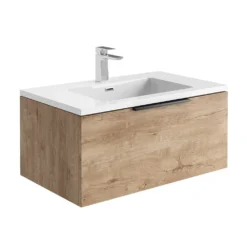 Harbour Virtue 800mm Wall Hung Vanity Unit With LED Illumination & Grey Basin - Rustic Oak & Matt Black Handle -Vado Shop harbour virtue 800mm wall hung rustic oak vanity unit cutout