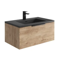 Harbour Virtue 800mm Wall Hung Vanity Unit With LED Illumination & Grey Basin - Rustic Oak & Matt Black Handle