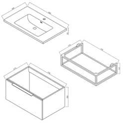 Harbour Virtue 800mm Wall Hung Vanity Unit With LED Illumination, Brushed Brass Frame Shelf & White Basin - Matt Grey & Brushed Brass Handle -Vado Shop harbour virtue 800mm wall hung vanity unit black framed shelf technical drawing 1