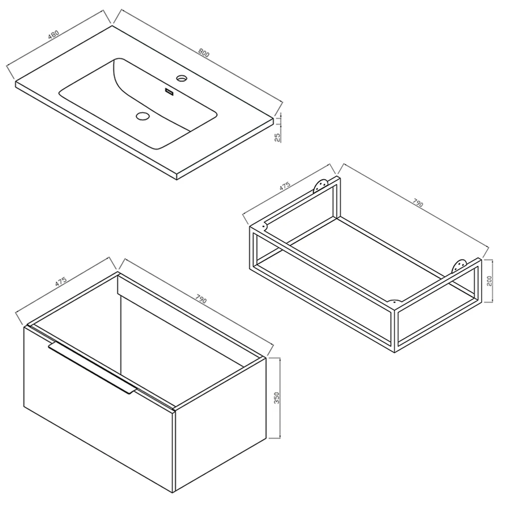 Harbour Virtue 800mm Wall Hung Vanity Unit With LED Illumination, Black Framed Shelf & White Basin - Matt Grey & Matt Black Handle 15 Harbour Virtue 800mm Wall Hung Vanity Unit With LED Illumination, Black Framed Shelf & White Basin - Matt Grey & Matt Black Handle - Image 15