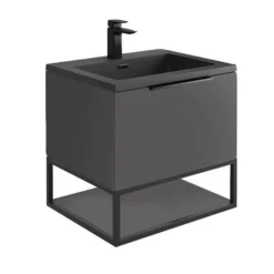 Harbour Virtue 600mm Wall Hung Vanity Unit With LED Illumination, Black Framed Shelf & Grey Basin - Matt White & Matt Black Handle -Vado Shop harbour virtue grey vanity grey basin 600 grey frame cutout