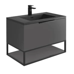 Harbour Virtue 800mm Wall Hung Vanity Unit With LED Illumination, Black Framed Shelf & White Basin - Matt Grey & Matt Black Handle 20 Harbour Virtue 800mm Wall Hung Vanity Unit With LED Illumination, Black Framed Shelf & White Basin - Matt Grey & Matt Black Handle -Vado Shop harbour virtue grey vanity grey basin 800 grey frame cutout