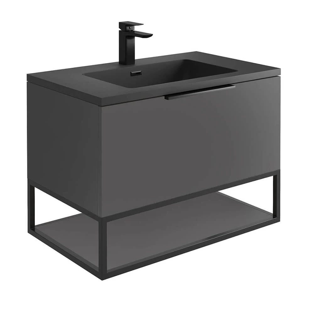 Harbour Virtue 800mm Wall Hung Vanity Unit With LED Illumination, Black Framed Shelf & White Basin - Matt Grey & Matt Black Handle 6 Harbour Virtue 800mm Wall Hung Vanity Unit With LED Illumination, Black Framed Shelf & White Basin - Matt Grey & Matt Black Handle - Image 6