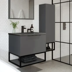 Harbour Virtue 600mm Wall Hung Vanity Unit With LED Illumination, Black Framed Shelf & Grey Basin - Matt White & Matt Black Handle -Vado Shop harbour virtue grey vanity units black frame lifestyle