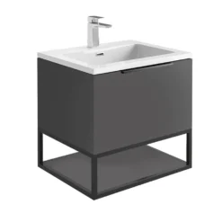 Harbour Virtue 600mm Wall Hung Vanity Unit With LED Illumination, Black Framed Shelf & Grey Basin - Matt White & Matt Black Handle -Vado Shop harbour virtue grey vanity white basin 600 grey frame cutout