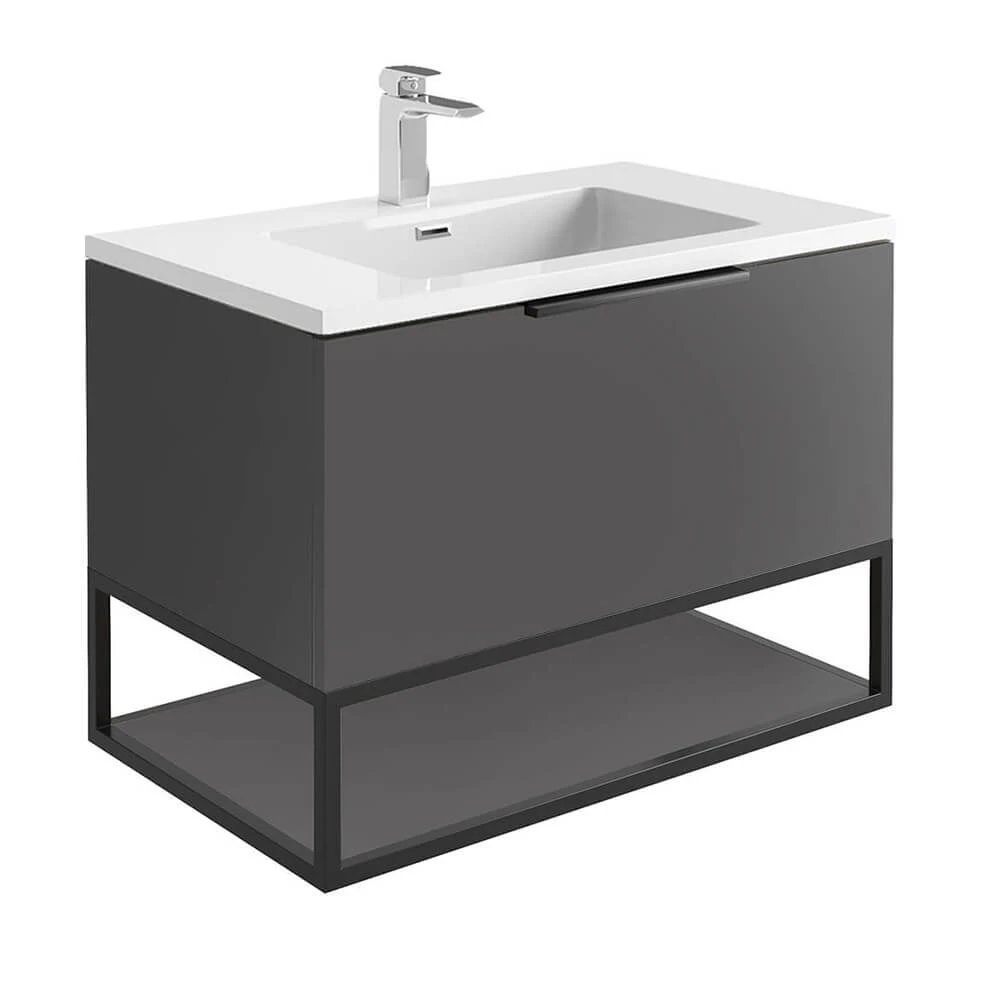Harbour Virtue 800mm Wall Hung Vanity Unit With LED Illumination, Black Framed Shelf & White Basin - Matt Grey & Matt Black Handle 7 Harbour Virtue 800mm Wall Hung Vanity Unit With LED Illumination, Black Framed Shelf & White Basin - Matt Grey & Matt Black Handle - Image 7