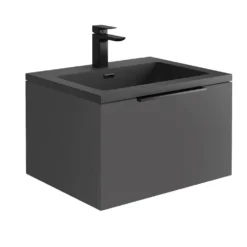 Harbour Virtue 600mm Wall Hung Vanity Unit With LED Illumination & White Basin - Rustic Oak & Matt Black Handle -Vado Shop harbour virtue matt grey vanity grey basin 600 cutout
