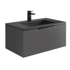 Harbour Virtue 800mm Wall Hung Vanity Unit With LED Illumination & Grey Basin - Rustic Oak & Matt Black Handle -Vado Shop harbour virtue matt grey vanity grey basin 800 cutout