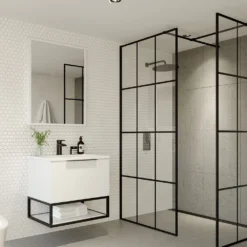 Harbour Virtue 600mm Wall Hung Vanity Unit With LED Illumination, Black Framed Shelf & Grey Basin - Matt White & Matt Black Handle -Vado Shop harbour virtue matt white bathroom furniture lifestyle