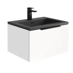 Harbour Virtue 600mm Wall Hung Vanity Unit With LED Illumination & White Basin - Rustic Oak & Matt Black Handle -Vado Shop harbour virtue matt white vanity grey basin 600 cutout