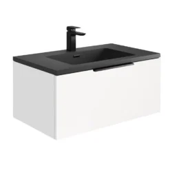 Harbour Virtue 800mm Wall Hung Vanity Unit With LED Illumination & Grey Basin - Rustic Oak & Matt Black Handle -Vado Shop harbour virtue matt white vanity grey basin 800 cutout