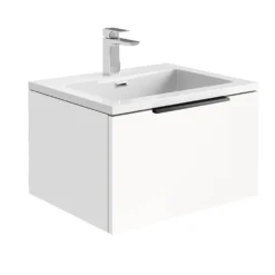 Harbour Virtue 600mm Wall Hung Vanity Unit With LED Illumination & White Basin - Rustic Oak & Matt Black Handle -Vado Shop harbour virtue matt white vanity white basin 600 cutout