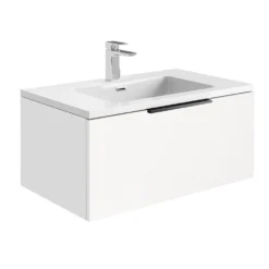 Harbour Virtue 800mm Wall Hung Vanity Unit With LED Illumination & Grey Basin - Rustic Oak & Matt Black Handle -Vado Shop harbour virtue matt white vanity white basin 800 cutout