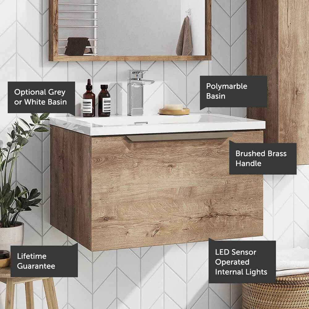 Harbour Virtue 800mm Wall Hung Vanity Unit With LED Illumination & Grey Basin - Rustic Oak & Brushed Brass Handle 2 Harbour Virtue 800mm Wall Hung Vanity Unit With LED Illumination & Grey Basin - Rustic Oak & Brushed Brass Handle - Image 2