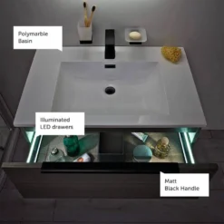 Harbour Virtue 800mm Wall Hung Vanity Unit With LED Illumination, Black Framed Shelf & White Basin - Matt Grey & Matt Black Handle 24 Harbour Virtue 800mm Wall Hung Vanity Unit With LED Illumination, Black Framed Shelf & White Basin - Matt Grey & Matt Black Handle -Vado Shop harbour virtue vanity unit features lifestyle