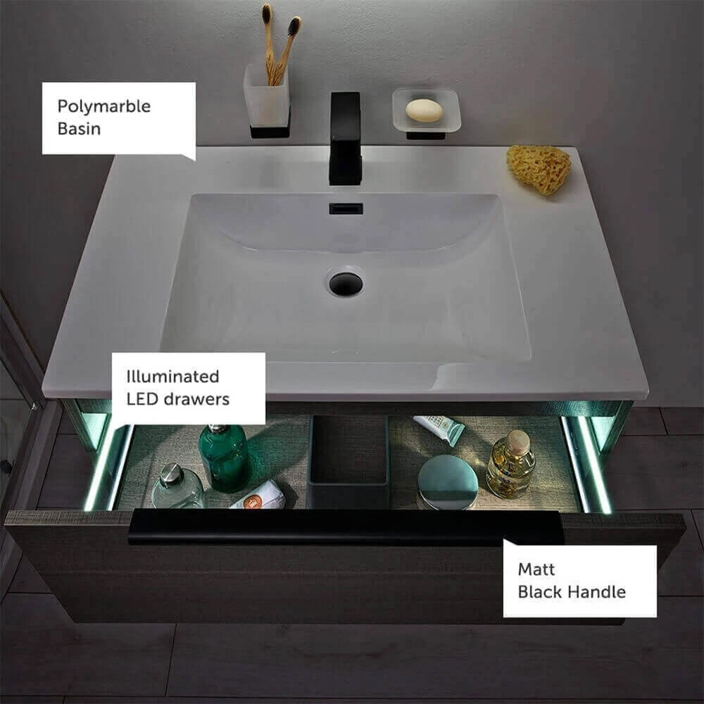 Harbour Virtue 800mm Wall Hung Vanity Unit With LED Illumination, Black Framed Shelf & White Basin - Matt Grey & Matt Black Handle 10 Harbour Virtue 800mm Wall Hung Vanity Unit With LED Illumination, Black Framed Shelf & White Basin - Matt Grey & Matt Black Handle - Image 10