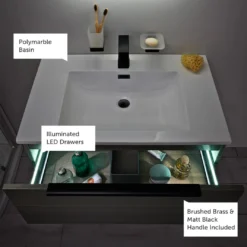 Harbour Virtue 600mm Wall Hung Vanity Unit With LED Illumination, Brushed Brass Frame Shelf & White Basin - Rustic Oak & Brushed Brass Handle 15 Harbour Virtue 600mm Wall Hung Vanity Unit With LED Illumination, Brushed Brass Frame Shelf & White Basin - Rustic Oak & Brushed Brass Handle -Vado Shop harbour virtue vanity unit lifestyle overlays 2