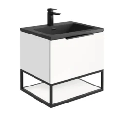 Harbour Virtue 600mm Wall Hung Vanity Unit With LED Illumination, Black Framed Shelf & Grey Basin - Matt White & Matt Black Handle -Vado Shop harbour virtue white vanity grey basin 600 white frame cutout