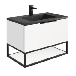 Harbour Virtue 800mm Wall Hung Vanity Unit With LED Illumination, Black Framed Shelf & White Basin - Matt Grey & Matt Black Handle 22 Harbour Virtue 800mm Wall Hung Vanity Unit With LED Illumination, Black Framed Shelf & White Basin - Matt Grey & Matt Black Handle -Vado Shop harbour virtue white vanity grey basin 800 white frame cutout