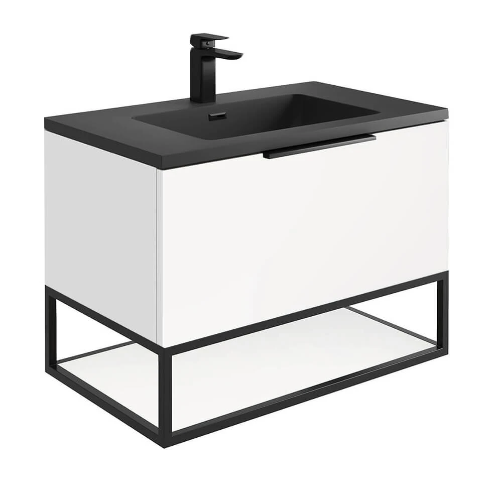 Harbour Virtue 800mm Wall Hung Vanity Unit With LED Illumination, Black Framed Shelf & White Basin - Matt Grey & Matt Black Handle 8 Harbour Virtue 800mm Wall Hung Vanity Unit With LED Illumination, Black Framed Shelf & White Basin - Matt Grey & Matt Black Handle - Image 8