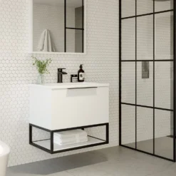 Harbour Virtue 600mm Wall Hung Vanity Unit With LED Illumination, Black Framed Shelf & Grey Basin - Matt White & Matt Black Handle -Vado Shop harbour virtue white vanity unit black frame lifestyle