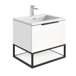 Harbour Virtue 600mm Wall Hung Vanity Unit With LED Illumination, Black Framed Shelf & Grey Basin - Matt White & Matt Black Handle -Vado Shop harbour virtue white vanity white basin 600 white frame cutout