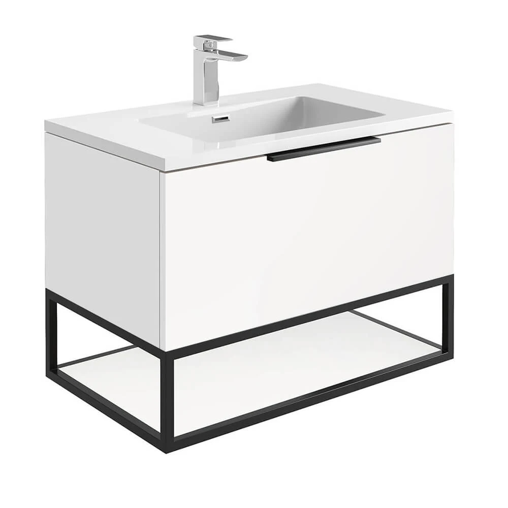Harbour Virtue 800mm Wall Hung Vanity Unit With LED Illumination, Black Framed Shelf & White Basin - Matt Grey & Matt Black Handle 9 Harbour Virtue 800mm Wall Hung Vanity Unit With LED Illumination, Black Framed Shelf & White Basin - Matt Grey & Matt Black Handle - Image 9