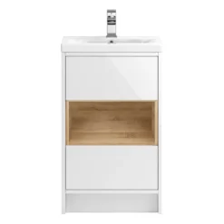 Hudson Reed Coast 500mm Floor Standing Vanity Unit And Basin - White Gloss & Driftwood