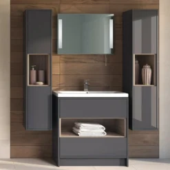 Hudson Reed Coast 600mm Floor Standing Vanity Unit And Basin - Grey Gloss & Driftwood -Vado Shop hudson reed coast 600mm floorstanding open shelf vanity lifestyle grey gloss