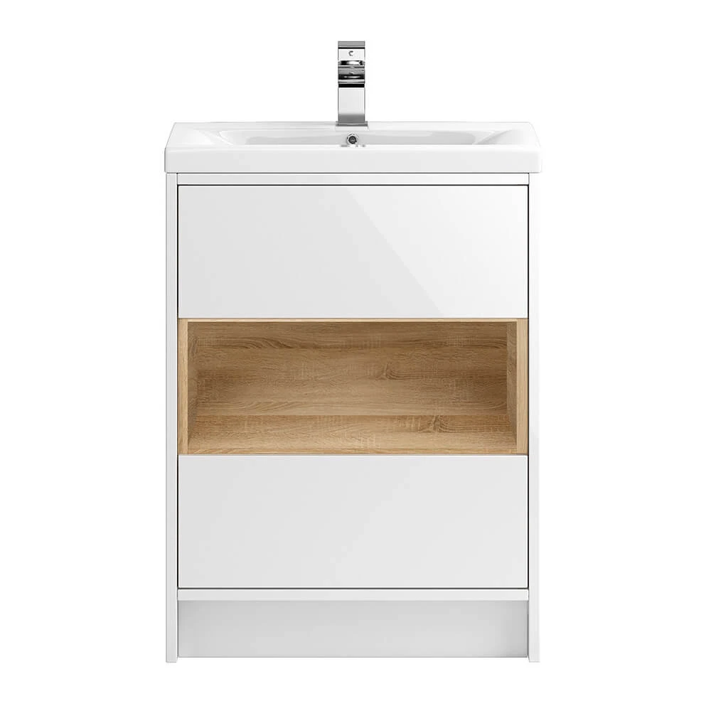 Hudson Reed Coast 600mm Floor Standing Vanity Unit And Basin - White Gloss & Driftwood 1 Hudson Reed Coast 600mm Floor Standing Vanity Unit And Basin - White Gloss & Driftwood