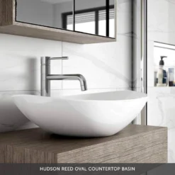 Emily 600mm Gloss White Wall Mounted 1 Drawer Vanity Unit With Brushed Brass Handle And Alana 460mm Countertop Basin 16 Emily 600mm Gloss White Wall Mounted 1 Drawer Vanity Unit With Brushed Brass Handle And Alana 460mm Countertop Basin -Vado Shop hudson reed oval countertop basin overlay 5