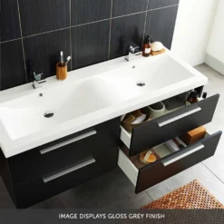 Hudson Reed Quartet 1440mm Wall Mounted Double Basin Vanity Unit - Gloss Grey -Vado Shop hudson reed quartet gloss grey 3