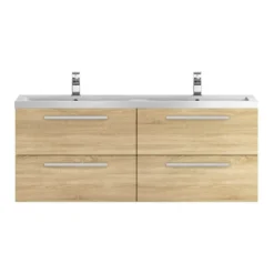 Hudson Reed Quartet 1440mm Wall Mounted Double Basin Vanity Unit - Natural Oak