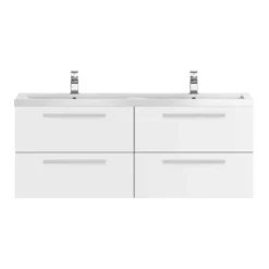 Hudson Reed Quartet 1440mm Wall Mounted Double Basin Vanity Unit - Gloss White