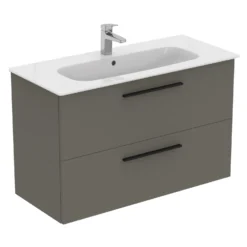 Ideal Standard I.life A 1040mm Wall Mounted 2 Drawer Vanity Unit & Basin - Quartz Grey Matt With Black Handles -Vado Shop i.life a 1040 wall 2 drawer vanity unit quartz black cutout